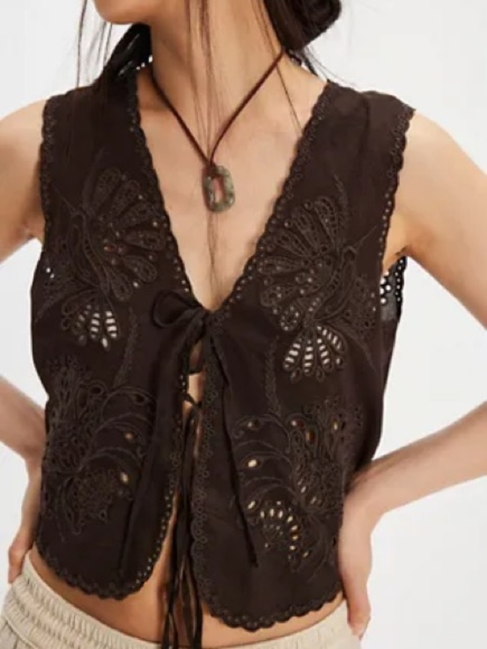 Free People Dark Brown Eyelet Tie-Front Camisole